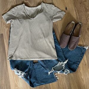 Olive Green Striped American Eagle V-Neck Shirt